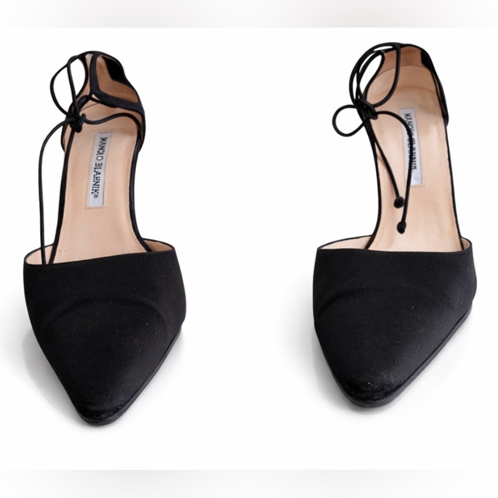 Manolo Blahnik Zaman 70 Black satin Ankle Tie Pumps – 39.5 • Dust Bag - Picture 8 of 11